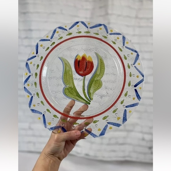 HAND PAINTED TULIP FLOWER ART GLASS Large PLATE Serving Platter Scandinavian - Picture 9 of 9